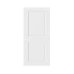 A 28 in. x 80 in. RH Cambridge Primed Smooth MDF Prehung Door by Go Build, featuring two rectangular panels and a hollow core, is shown with the knob on the right against a plain white background.